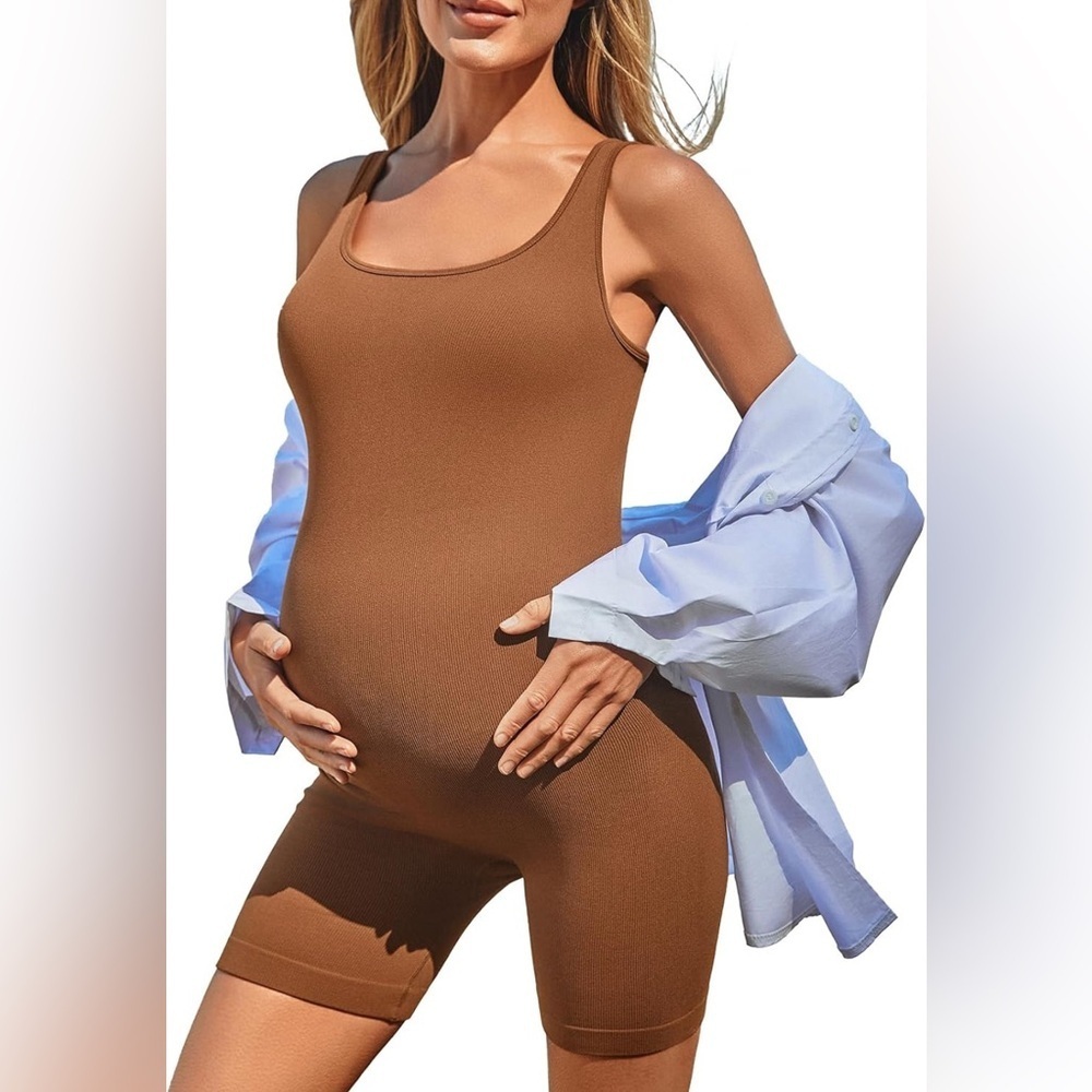 NWT- Summer Mae Women’s Ribbed Maternity Bodysuit; Stretchy Romper
